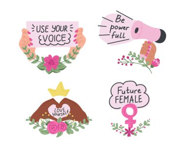 El koleksiyonu olan feminist sloganlar. El yazısı cümlelerle basit stilde kompozisyonlar - posterler veya tişörtler için şık baskılar - feminizm alıntıları ve kadın motivasyon sloganları