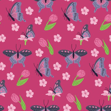 Koyu pembe arka planda kelebekler olan bahar çiçekleri. Karanlık tema. Düz elle çizilmiş böcekler. Tekstil, duvar kâğıdı, iç mekan ve ambalaj için eşsiz bir baskı tasarımı. Bahar konsepti