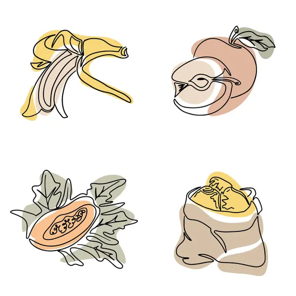 Einzeilige Konturenserie Von Fruchtzeichnungen Boho Stil Umriss Isolierte Banane Apfel — Stockvektor