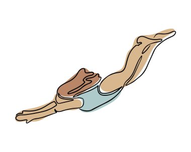Dalış yapan kadın boho stiliyle çiziyor. Kadın vücudunun suya dalışının tek çizgili simgesi. Contour vektör spor bileşimi beyaz arkaplan üzerinde izole.