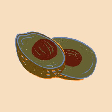 Avokado yarıları. Grunge efektli Risograph taklidi. Sağlıklı gıda konsepti. Kare poster ya da arka plan. Çizikli risoprint bileşimi