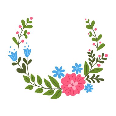 Beyaz arka planda izole edilmiş çiçek desenli çelenk. Beyaz arka planda soyut çiçekler ve dallar çizilmiş. Selamlama şablonu olarak ideal, pankart