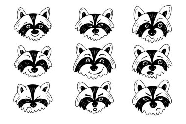 Şirin rakunun yüz ifadelerinin ana hatları. Siyah karalamalar beyaz arka plana izole edilmiş. Etiket, logo, boyama sayfaları için ideal