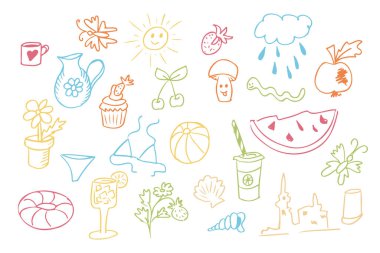 Yaz boyalı el çizimleri seti. Beyaz arka planda izole edilmiş çocuksu ana hatlar. Yaz tatili konsepti. Dekorasyon, çıkartmalar, arka plan için iyi.