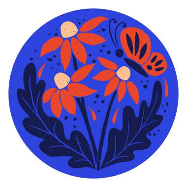 Yuvarlak şekilli kelebekli soyut çiçek kompozisyonu. Grunge desenli ve çizikli baskı tekniğinde düz el çizimi botanik çizimi. Ev dekorasyonu için vektör çıktısı