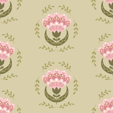 Çiçeksiz desenli, soyut çiçekli, düz halk tarzında. Boho tarzında botanik desen. Yeşil arka planda el çizimi vektör çizimi. Tekstil için yazıcı tasarımı