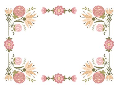 Düz halk tarzında simetri ve çiçeklerle botanik düğün davetiyesi. Düğün için soluk renkli çiçek çizimi. Beyaz arkaplanda yatay kart şablonu izole edildi