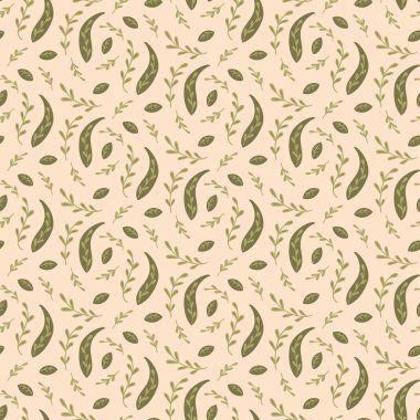 Kusursuz desenli düz halk soyut yaprakları ve sessiz renklerde dalları var. Retro boho tarzında botanik illüstrasyon. Tekstil veya duvar kağıdı için klasik doğa baskısı tasarımı.