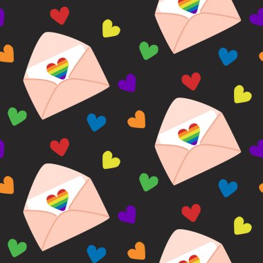 Düz kalpleri ve gökkuşağı renginde zarfları olan kusursuz bir desen. Gurur ve eşitlik kavramı. LGBTQ toplum sembolleri. Siyah arkaplanda vektör eli çizilmiş elementler