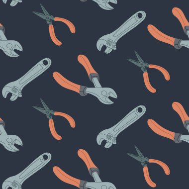 Instrumental seamless pattern with flat drawings of repairing tools. Dark theme. Sustainability and upgrade concept. Vector hand drawn elements isolated on dark background. Industrial concept clipart