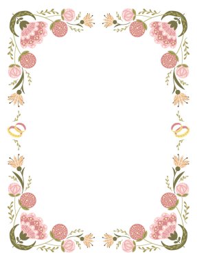 Klasik botanik düğün davetiyesi. Düz halk tarzında ve soyut çiçeklerle. Düğün için sessiz renklerle çiçek dikey simetrik illüstrasyonu. Pankart, beyaz arkaplanda izole edilmiş kart şablonu