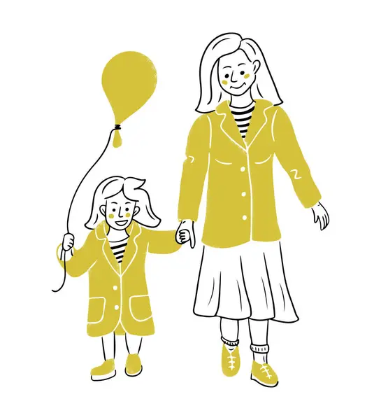 Yürüyen annenin çizimi. Kızı balonla ve aynı kıyafetlerle. El çizimi düz çizim, beyaz arka planda izole. Logo veya çıkartma için vektör getirme kavramı