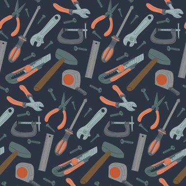 Koyu arkaplanda düz tamir araçları olan pürüzsüz desen. Sürdürülebilirlik ve geliştirme konsepti. Çizgi film tarzında vektör el çizimi ögeler