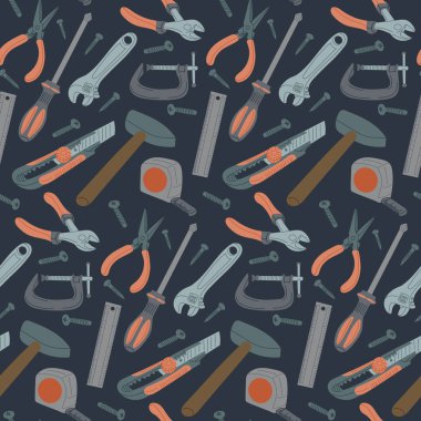 Seamless pattern with flat repairing tools on dark background. Sustainability and upgrade concept. Vector hand drawn elements in cartoon style clipart