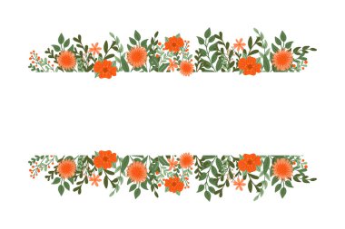 Fotokopi alanı olan çiçekli bir arka plan. El çizimi düz, soyut, basit çiçekler ve dallar. Botanik doğal arkaplan beyaz arkaplanda izole.