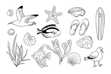 Yaz karalama çizelgesi, sualtı ürünleri ve deniz hayvanlarıyla ayarlandı. Beyaz arka planda izole edilmiş kabataslak çizim çizimlerine tırman. Tek renkli deniz kenarı tatil taslak etiketleri