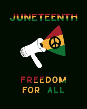 Geleneksel renklerle yazılmış megafon ve metin ile Haziran 'ın düz el çizimi posteri. Siyah arkaplanda vektör çizimi. Dikey pankart, sosyal medya pankartı