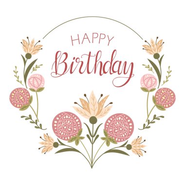 Simetrik çiçek desenli, soyut çiçekli ve el yazısı metinli doğum günü tebrik kartı. Mutlu yıllar. Selamlama için sönük renklerle düz retro illüstrasyon. Sancak, kart şablonu izole edildi