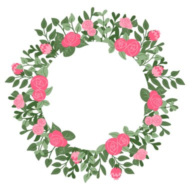 Soyut şekillendirilmiş bitkilerle süslü düz bir şablon. Yaz botanik konsepti. Beyaz arka planda izole edilmiş çiçekli düz renkli çelenk. İç dekorasyon için moda yazdırma tasarımı