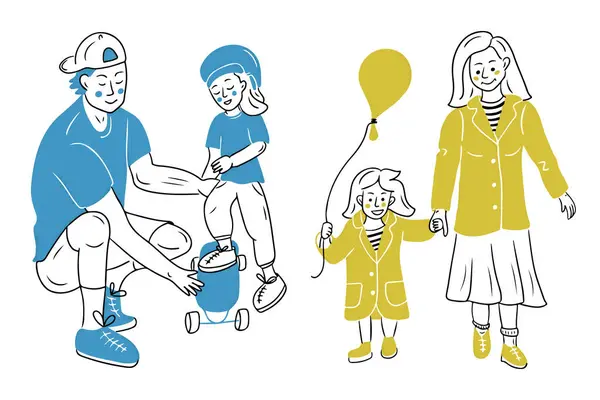 Ebeveynler ve çocuklarla birlikte açık havada karalama seti. Parkta yürüyüp kaykaya binmek. Beyaz arka planda izole edilmiş kabataslak çizimleri göster. Logo, etiket için vektör aile kavramı