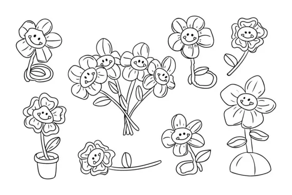 Set of 2000s style sketchy flower. Retro items in flat hand drawn contour style. Vector kids toys isolated on white background. Ideal for coloring pages, tattoo, pattern
