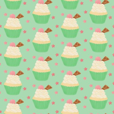 Lezzetli kekler kusursuz desenli. Düz desenli meyve ve waffle ile Vector Sweet yemek çizimi ve pembe arka planda pastel renkler. Paketleme, duvar kağıdı, çocuk tekstili için mükemmel.