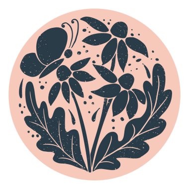 Yuvarlak kontrastlı soyut çiçek kompozisyonu beyaz arka planda izole edilmiş. Çiçekli düz el çizimi ve çizikli ve grunge desenli baskı tekniğinde kelebek çizimi.