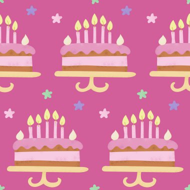 Düz çocuksu bir şekilde doğum günü pastası kusursuz deseni. Pembe arka planda doğum günü partisi için vektör tatil illüstrasyonu. Paketleme, duvar kağıdı, çocuk tekstili, arka plan için mükemmel.