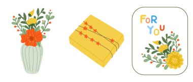 Selamlama seti için düz stil ögeleri. Tatille ilgili eşyalar. Buket, tebrik kartı ve hediye kutusu. Çocukların pastel renklerinde vektör el çizimi. Botanik çağının modern kutlama kavramı.
