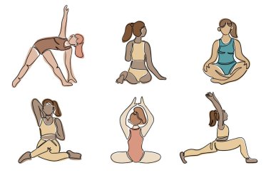 Yogadaki çeşitli kadınlar poz verir. Boho tarzı. Contour vektör bileşimi beyaz arkaplanda izole edildi. Yoga yapan kadın vücudunun el çizimi simgeleri.