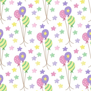 Pastel renkli doğum günü balonları grubuyla kusursuz konuşmalar. Beyaz arka planda doğum günü partisi için vektör düz tatil illüstrasyonu. Paketleme, duvar kağıdı, çocuk tekstili, arka plan için mükemmel.