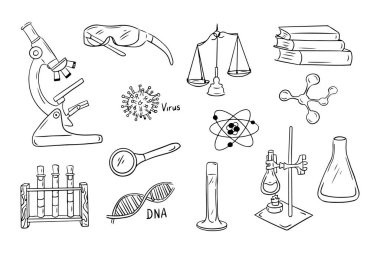 Kimya karalama koleksiyonu mikroskop ve test tüpleriyle. Tek renkli, eğitici ana hatlı çıkartmalar. Beyaz arkaplanda izole edilmiş kabataslak ana çizimlere tırman