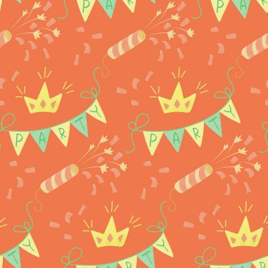 Düz doğum günü deseni. Sarı ve turuncu renklerde taç ve çelenk. Doğum günü partisi için vektör düz tatil illüstrasyonu. Paketleme, duvar kağıdı, çocuk tekstili, arka plan için mükemmel.