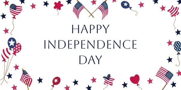 ABD 'nin Bağımsızlık Günü afişi, afişi, afişi, broşürü, arka planı veya ABD bayrakları, balonları ve kırmızı ve mavi yıldızlı selamları. Beyaz arkaplanda izole edilmiş vektör el çizimi bileşimi