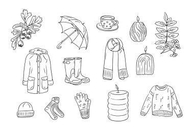 Sonbahar hygge karalama seti ve şemsiye. Tek renkli çıkartmalar, sıcak ve rahat şeyler ve yapraklar. Beyaz arkaplanda izole edilmiş kabataslak çizimlerin vektör ögesi