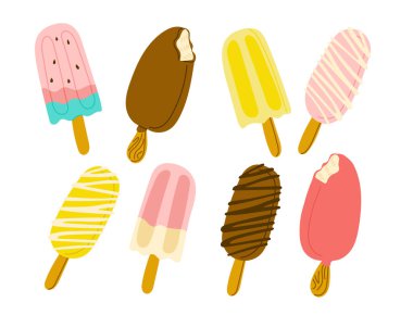 Çubuklarda renkli düz dondurma seti. Beyaz arka planda izole edilmiş yaz tatili vektör illüstrasyonu. Dekorasyon, çıkartma ve logo için iyidir.