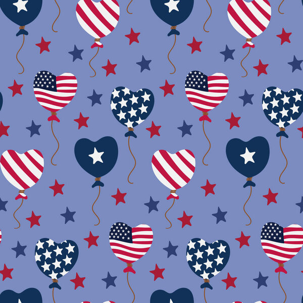Патриотический бесшовный узор с шариками в форме сердца с полосками, звездами и флагом США. Векторная праздничная иллюстрация для вечеринки, празднование на синем фоне. Идеально подходит для упаковки, обои, текстиль