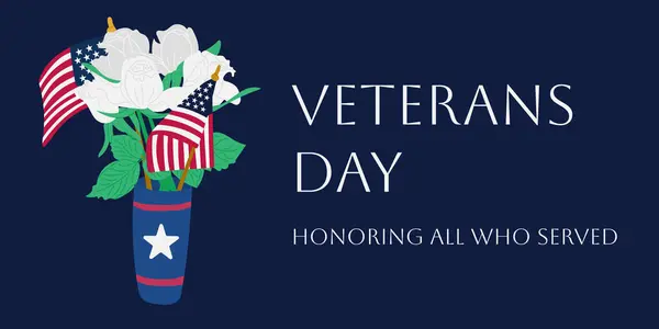 Amerikan Gazileri Günü posteri, afiş, el ilanı, arkaplan ya da vazoda beyaz güller ve siyah arka planda Amerikan bayrakları olan selamlar. Vektör el çizilmiş ABD bayram tipografik kompozisyonu