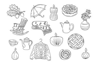 Taslak çizim tarzında lezzetli ve rahat sonbahar öğeleri. Tek renkli hygge stigour etiketleri. Beyaz arkaplanda izole edilmiş yarım yamalak çizimlerin bir parçası. Boyama sayfaları için kullanılabilir