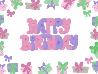 Doğum günü posteri ya da renkli çerçeveli, pastel renkli, doğum günü hediyeli ve el yazısıyla yazılmış bir tebrik kartı. Beyaz arkaplanda izole edilmiş vektör tatil bileşimi