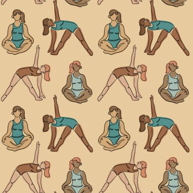 Boho tarzında yoga yapan farklı kadınlarla kusursuz konuşmalar. Yoga pozlarındaki kadın vücutlarının vektör hatları. Geçmiş için iyi, tekstil, ambalaj kağıdı.