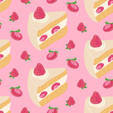 Çilekli pasta ve dilimlenmiş çilekli pembe tatlı deseni. Vektör el, mavi arka planda yemek çizimi yaptı. Ambalaj kağıdı, arka plan, mutfak tekstili için iyidir.