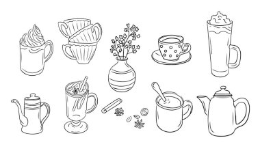 Sıcak sonbahar içkileri ve bardaklar hazır. Tek renkli vektör birleştirme etiketleri, beyaz arka planda izole edilmiş. Tabakların taslak çizimi. Boyama sayfaları için kullanılabilir