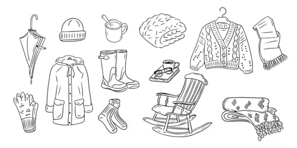 stock vector Collection of cozy autumn items in outline doodle style. Monochrome hygge contour stickers . Vector clipart of sketchy drawings isolated on white background. Could be used for coloring pages