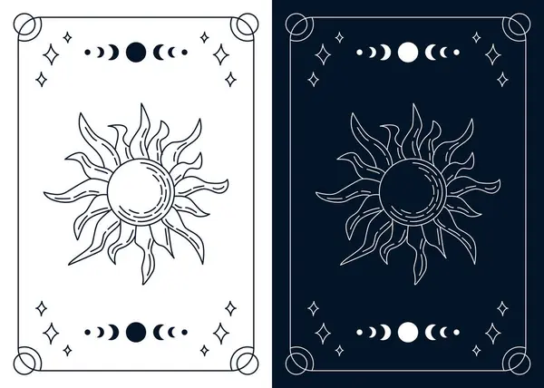 Tarot kartları hazır. Doğrusal güneşli ve ışınları olan gizemli bir güverte. Vektör tasarım şablonu, boho tarzı. Tek renkli tasarım.