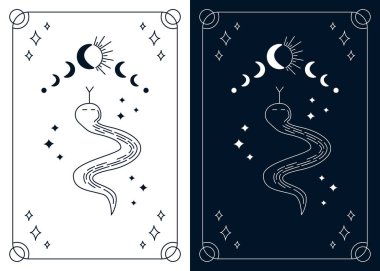 Tarot kartları koleksiyonunu, mistik yılanlar ve ay tutulması gibi ana hatlarla ayır. Doğrusal çizimleri olan esrarengiz mistik deste. Vektör tasarım şablonu, boho tarzı. Tek renkli tasarım