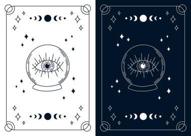 Bir çift tarot kartı. Gözü doğrusal kristal küreye sahip esrarengiz mistik deste. Vektör tasarım şablonu, boho tarzı. Tek renkli tasarım.
