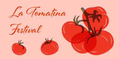 Tomatina Festivali posteri. İçinde domates ve yazı var. Sebze tatili için renkli yatay poster. Tebrik kartı, poster ya da sosyal medya için iyi