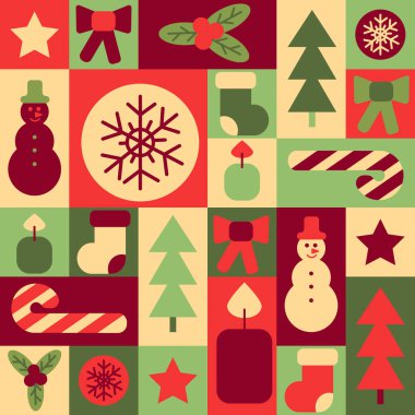 Noel deseni geometrik tarzda, kış tatili eşyalarıyla ve Noel ağacıyla kusursuz. Basit geometrik şekilli geleneksel tatil öğeleri, vektör düz tarzı. Paketlemek için iyi, tekstil, örtü