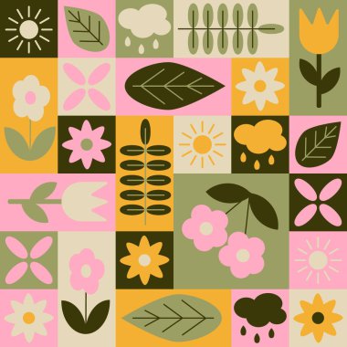 Geometrik tarzda, doğa elementleri ve çiçeklerle kusursuz bahar deseni. Basit geometrik şekilli mevsimsel botanik öğeler, vektör düz stili. Paketlemek için iyi, tekstil, örtü